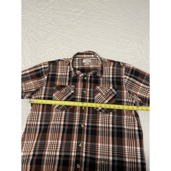 Eddie Bauer Workwear Foreman Fit 2XL Plaid Short Sleeve Shirt Brown Distressed - Picture 9 of 12